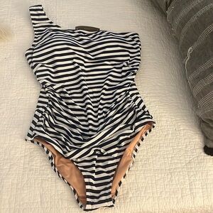 J.Crew striped one shoulder rouched bathing suit